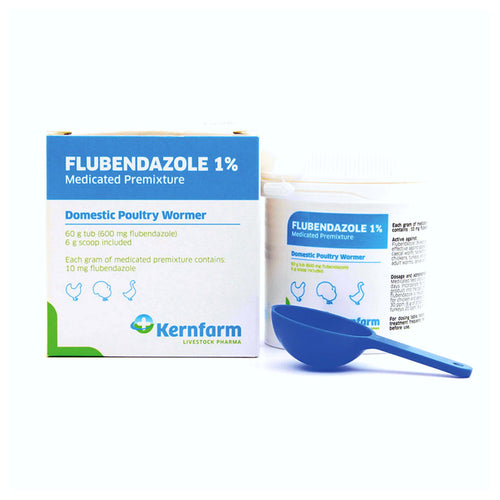 Flubendazole 1%FLUBENDAZOLE 1%
Flubendazole is a product for small holders of chickens, geese and turkeys.  The medicated Premixture is effective against gapeworm, large roundworm,Poultry HealthKernfarmMcCaskieFlubendazole 1%