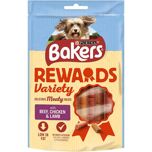 Bakers Rewards Treat Variety PackBakers Rewards Variety are delicious dog treats which come in chicken, beef &amp; lamb flavours that your adult dog will love. These satisfying dog treats don't justDog TreatsPurinaMcCaskieBakers Rewards Treat Variety Pack
