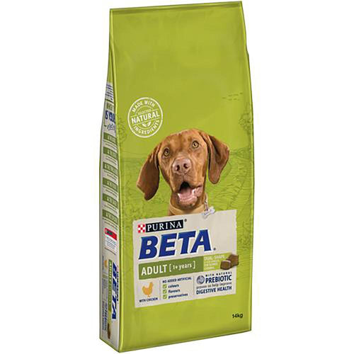 Purina Beta Adult (1+ years) with ChickenPurina Beta Adult (1+ years) with Chicken is tailored nutrition for adult dogs that includes essential vitamin and minerals to support healthy bones, and high levelsDog FoodPurinaMcCaskiePurina Beta Adult (1+ years)