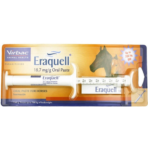 Eraquell Horse Wormer SyringeEraquell is an ivermectin based oral paste for horses to control roundworms, lungworms and bots.
You can download the Eraquell Horse Wormer datasheet here: Eraquell Horse WormersVirbacMcCaskieEraquell Horse Wormer Syringe