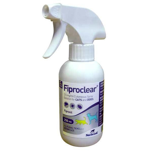 Fiproclear Spray 250mlFiproclear Spray for Cats and Dogs is for the treatment of flea (Ctenocephalides spp.) and tick (Ixodes ricinus, Rhipicephalus sanguineus) infestations in dogs and cPet Flea & Tick ControlNorbrookMcCaskieFiproclear Spray 250ml