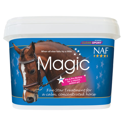 NAF Five Star Magic 1.5kgThe original unique magic formulation of bio-available magnesium and carefully selected herbs has now been improved with pre and probiotics for a relaxed settled gutHorse Vitamins & SupplementsNAFMcCaskieStar Magic 1