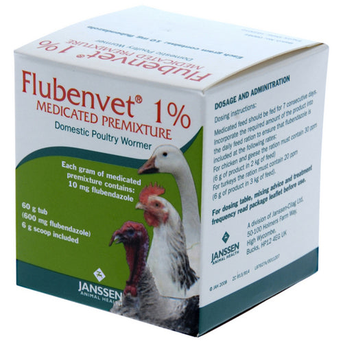 Flubenvet Poultry WormerFLUBENDAZOLE 1%
Flubendazole is a product for small holders of chickens, geese and turkeys.  The medicated Premixture is effective against gapeworm, large roundworm,Poultry HealthElancoMcCaskieFlubenvet Poultry Wormer