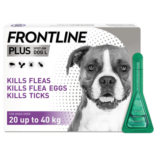 Frontline Plus for DogsTo be used against infestations with fleas, alone or in association with ticks and/or biting lice.
Treatment of flea infestations (Ctenocephalides spp.). InsecticidaPet Flea & Tick ControlBoehringer IngelheimMcCaskieFrontline