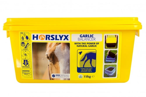 Horslyx Garlic 15kgHorslyx is available in Original, Mint, Garlic, Respiratory, Mobility and Pro Digest formulations The Horslyx high specification vitamin, mineral and trace element pHorse Vitamins & SupplementsHorslyxMcCaskieHorslyx Garlic 15kg