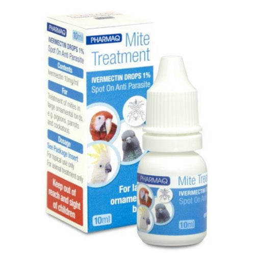 Pharmaq Ivermectin Mite Drops 1% 10mlIvermectin Drops 1% - Mite Treatment - is for the treatment of mites in larger cage birds, e.g. Pigeons and Parrots.Treats feather mite, depluming itch, scaly face, Pet MedicineZoetisMcCaskiePharmaq Ivermectin Mite Drops 1% 10ml
