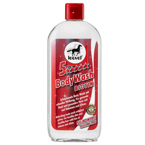 Leovet 5 Star Biotin Body Wash 550mlMild care and fast cleaning for healthy skin and healthy hair. Silicone-free! Biotin strengthens the hair structure and hair roots. The coat will be soft and clean. Horse GroomingLeovetMcCaskieLeovet 5 Star Biotin Body Wash 550ml