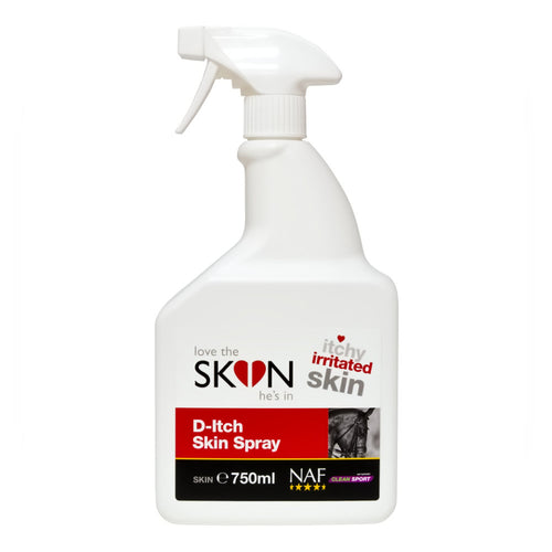 NAF D-Itch Skin Spray 750mlA gentle spray to mist over irritated areas of sensitive skin, to maintain a healthy coat throughout the year. When to use: Following midge bites or any signs of seaHorse CareNAFMcCaskie-Itch Skin Spray 750ml