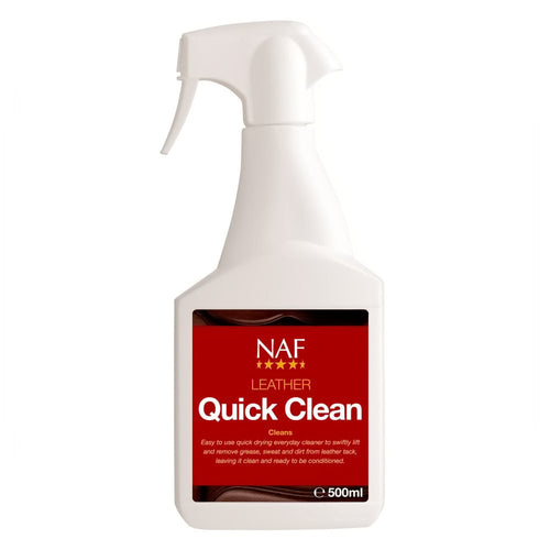 NAF Leather Quick Clean 500mlCleans. Easy to use quick drying everyday cleaner to swiftly lift and remove grease, sweat and dirt from leather tack, leaving it clean and ready to be conditioned.Horse Tack AccessoriesNAFMcCaskieNAF Leather Quick Clean 500ml