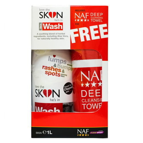NAF Love The SKIN He's In Wash & Towel 1ltThis totally natural skin wash offers the premium skin care your horse’s skin deserves. Love the SKIN he’s in Skin Wash is a gentle unique blend of herbal ingredientHorse GroomingNAFMcCaskieWash & Towel 1lt