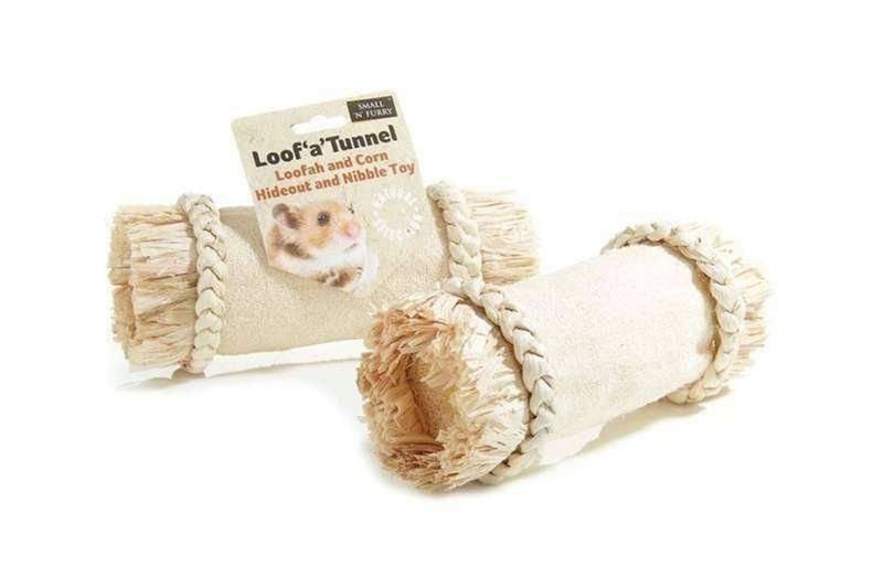 Natural Loof 'A' TunnelMade from loofa and corn husk, the Loof 'a' Tunnel is a treat toy for small animals and allows them to chew, nibble and run though the loofa tunnel.Small Animal Habitat AccessoriesSmall 'N' FurryMcCaskieNatural Loof '