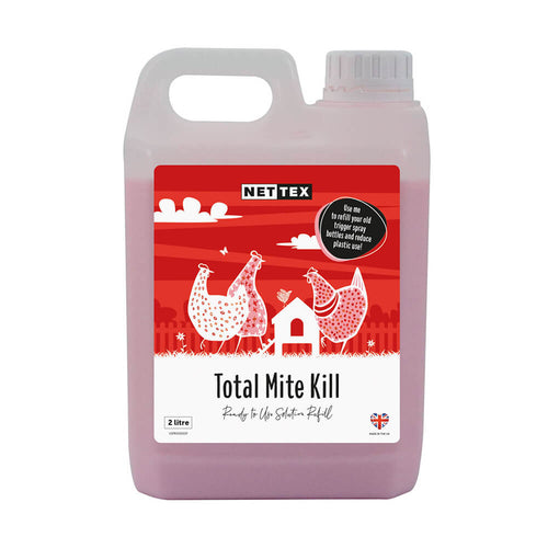 Nettex Total Mite Kill Liquid Ready to UseNettex Total Mite Kill Ready To Use Solution is a highly effective insecticide and disinfectant cleaner for chicken housing.Kills mites, lice and other crawling insePoultry HygieneNettexMcCaskieNettex Total Mite Kill Liquid Ready