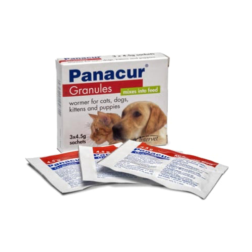 Panacur Cat & Dog Granules 3 x 4.5g SachetsGranules for worming cats and dogs to be added to the food. The pack of 3 treats 30kg total weight Can be added to the food. Panacur contains Fenbendazole and is suiPet MedicineMSD Animal HealthMcCaskiePanacur Cat & Dog Granules 3