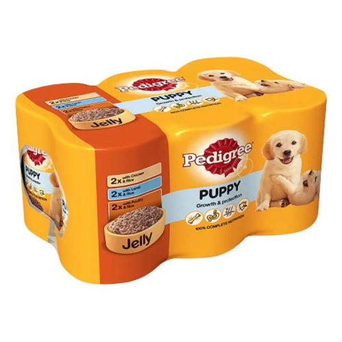 Pedigree Puppy Wet Dog Food Tins 6x400gPedigree Puppy Wet Dog Food Tin Chunks in Jelly Chicken and Rice, Lamb and Rice, Poultry and Rice 6x400g is 100% complete and balanced and made with selected naturalDog FoodPedigreeMcCaskiePedigree Puppy Wet Dog Food Tins 6x400g