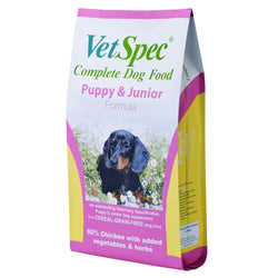VetSpec Puppy & Junior FormulaVeterinary Specification CEREAL-GRAIN-FREE Super Premium dry dog food 60% Chicken with added vegetables and herbs Completely balanced dog food suitable for all puppiDog FoodVetSpecMcCaskieVetSpec Puppy & Junior Formula