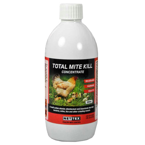Nettex Total Mite Kill Concentrate 500mlTOTAL MITE KILL CONCENTRATE
Nettex Total Mite Kill Concentrate is a dual-working formula that is a fast working insecticide with rapid knockdown and a multi-purpose Poultry HygieneNettexMcCaskieNettex Total Mite Kill Concentrate 500ml