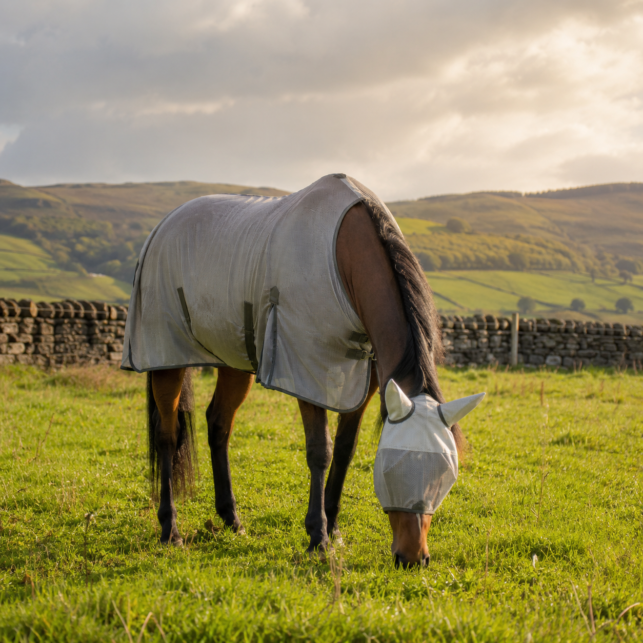 Owner applying fly spray to a horse in a sunny Scottish field in summer