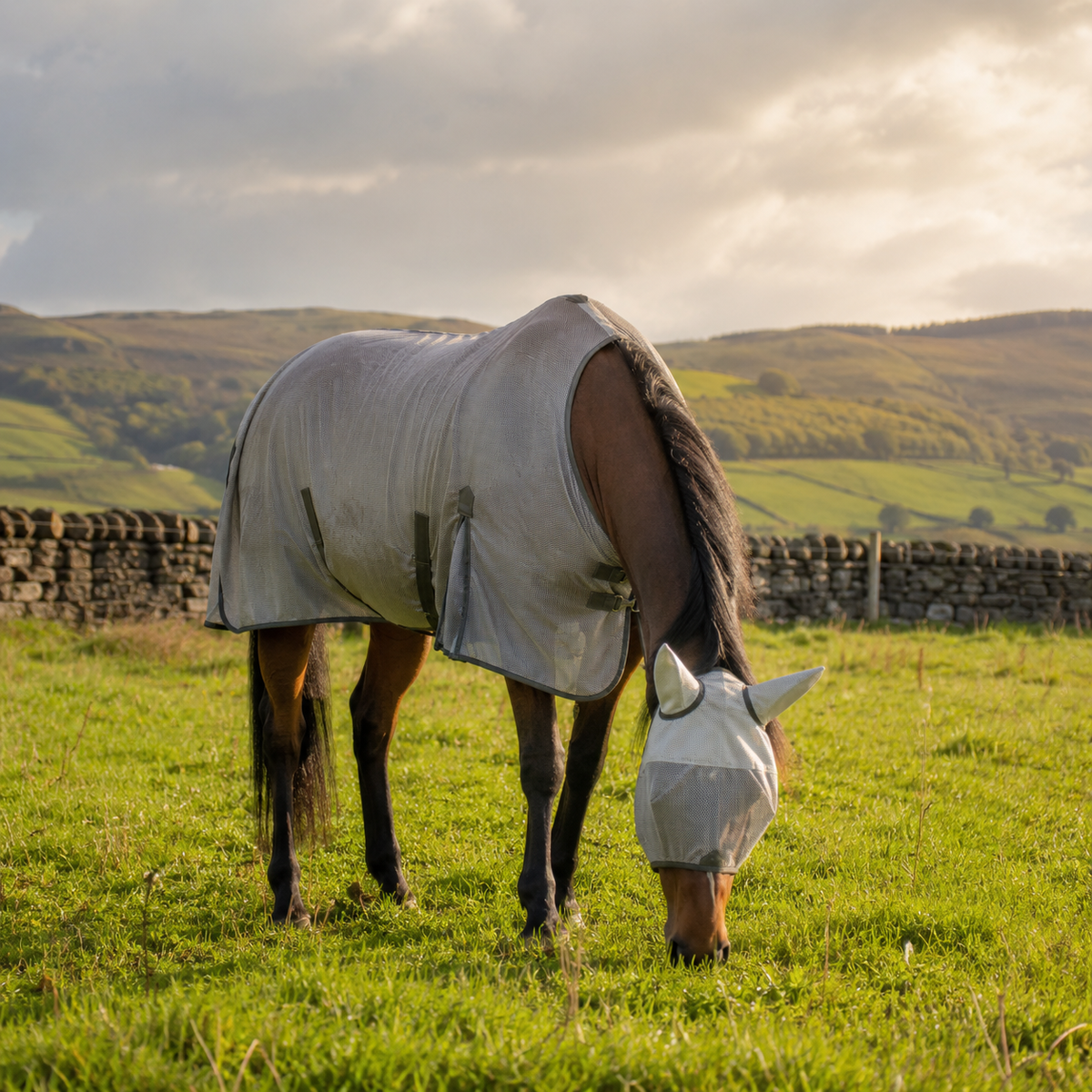 Owner applying fly spray to a horse in a sunny Scottish field in summer