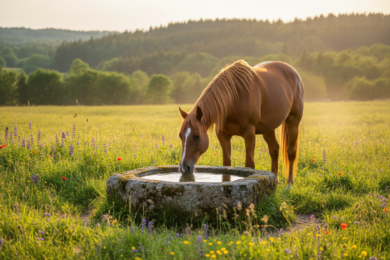 Horse drinking from a water trough in a lush green paddock during hot Scottish summer weather