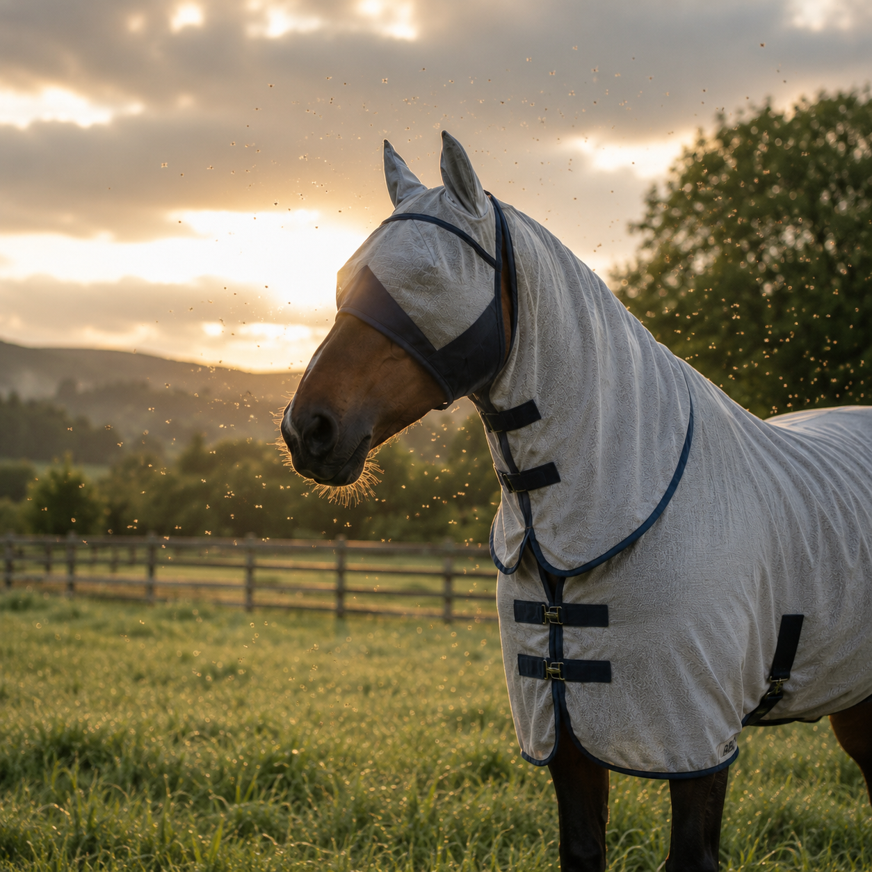 Horse wearing a full fly rug for midge protection while grazing in a Scottish summer paddock