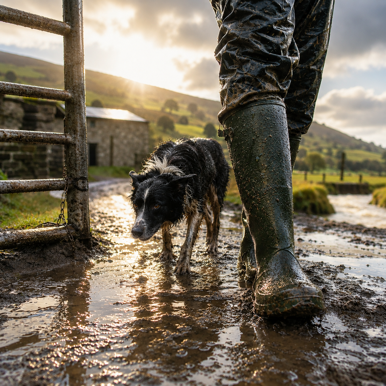 Green wellington boots on a rain-soaked Scottish farm track in wet weather