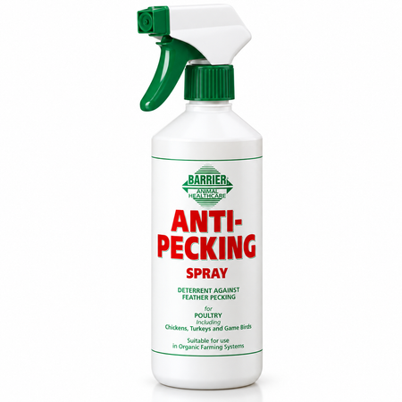 Barrier Anti-Pecking Spray 500ml bottle, a natural feather pecking deterrent for chickens and gamebirds