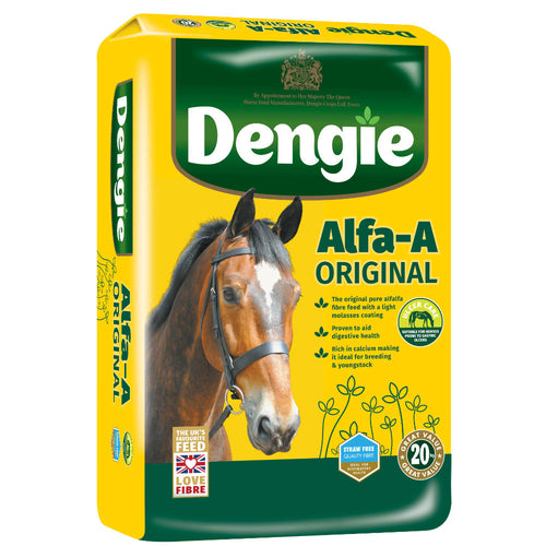 Dengie Alfa-A Original 20kgA pure alfalfa high-fibre feed with a molasses coating for horses in work, breeding and youngstock.Horse FeedDengieMcCaskieDengie Alfa-