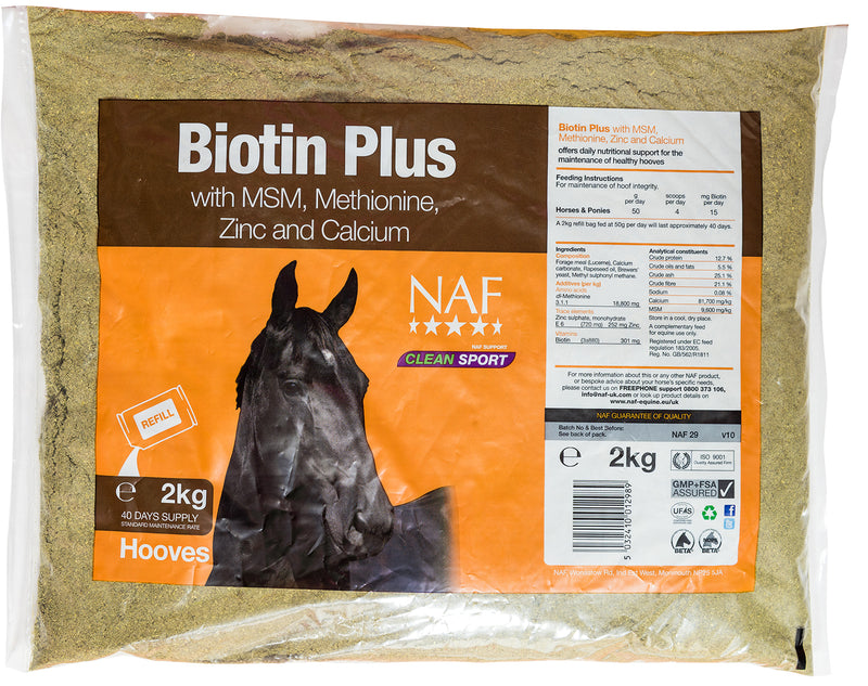 NAF Biotin Plus Refill 2kgNAF Biotin Plus is a formula made up of various elements which help to strengthen the horse hooves. Biotin deficiencies have been indicated as one of the causes of wHorse Vitamins & SupplementsNAFMcCaskieNAF Biotin