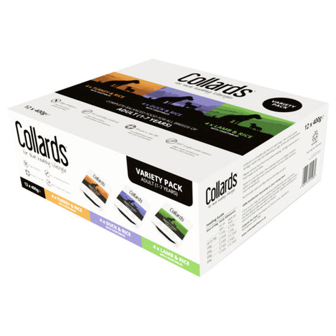 Collards Adult Dog Food Wet Trays 12x395gEach wet food tray is a complete and balanced meal. With 6 delicious formulas to choose from, your dog will be spoilt for choice.Available in 400g plastic trays.Dog FoodCollardsMcCaskieCollards Adult Dog Food Wet Trays 12x395g