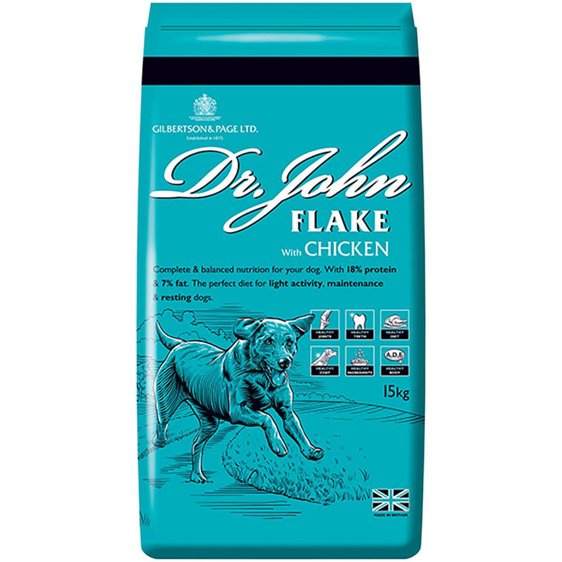 Gilbertson & Page Dr. John Chunky Flake FoodA tasty muesli mix of toasted whole grain flakes with crunchy biscuits. Suitable for: Adult &amp; Senior Dogs Composition Wheat, maize, poultry meal (11% chicken), cDog FoodGilpaMcCaskieJohn Chunky Flake Food