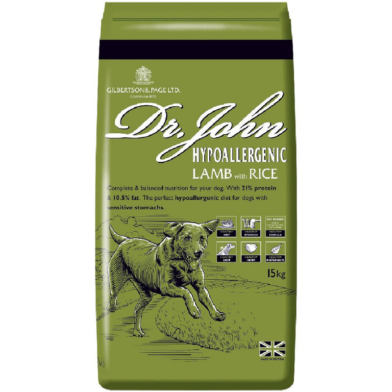 Gilbertson & Page Dr. John Lamb & Rice HypoallergenicA hypoallergenic diet, made without wheat and with 26% lamb, suitable for working dogs with sensitive stomachs or those who have difficulty digesting wheat. SuitableDog FoodGilpaMcCaskieJohn Lamb & Rice Hypoallergenic