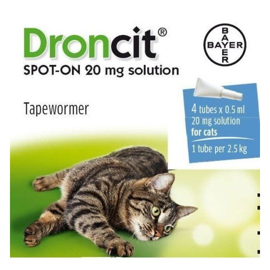 Droncit Spot On CatFor the treatment of tapeworms of cats. The product is effective against mature and immature forms of Dipylidium Caninum, Taenia species and Echinococcus MultiloculaPet MedicineBayerMcCaskieDroncit Spot