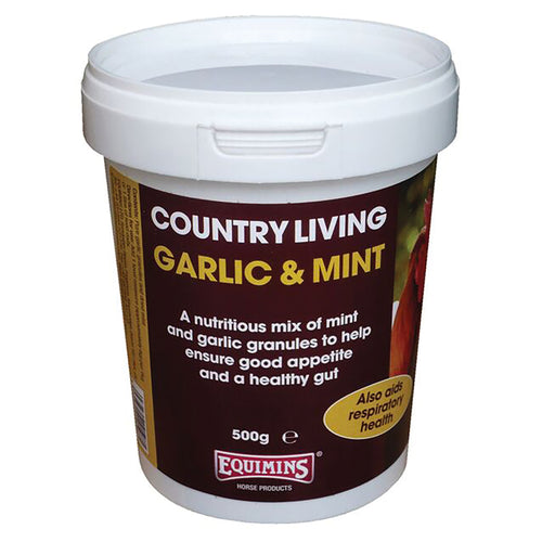 Equimins Country Living Garlic and Mint 500gEquimins Garlic &amp; Mint is a nutritious mix of mint and garlic granules to help ensure good appetite, a healthy gut and also aid respiratory health.Poultry FeedEquiminsMcCaskieEquimins Country Living Garlic