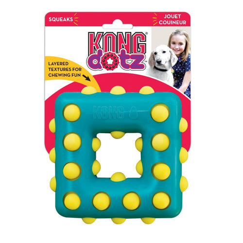 Kong Dotz SquareKONG Dotz provide a variety of chewing fun with layered textures that entice and delight the most eager of chewers. The playful, unpredictable bounce of the toy creaKongMcCaskieKong Dotz Square