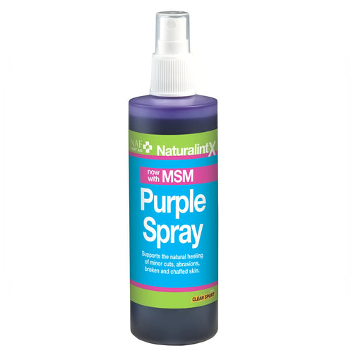 NAF Aloe Vera Purple Spray 240mlA gentle non aerosol spray to support the natural healing of broken or chaffed skin, minor cuts and abrasions. Also helps to discourage flies from open wounds. MSM hHorse CareNAFMcCaskieNAF Aloe Vera Purple Spray 240ml