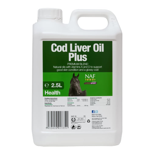 NAF Cod Liver Oil Plus 5ltCod Liver Oil Plus is a rich natural source of blended oils, fortified with vitamins A and D, renowned for its traditional use for suppleness and coat condition.Horse Vitamins & SupplementsNAFMcCaskieNAF Cod Liver Oil