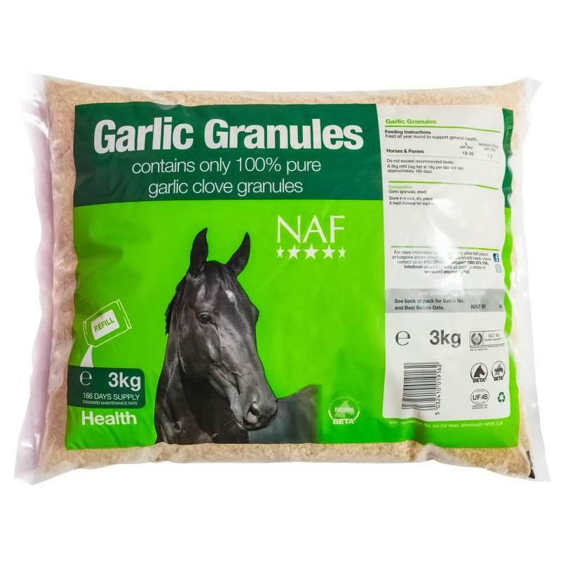 NAF Garlic Granules Refill 3kgTrusted by you, chosen by us, 100% pure garlic granules. One of the best known herbs in the world, garlic’s use for health support dates back to Roman times. NAF GarHorse Vitamins & SupplementsNAFMcCaskieNAF Garlic Granules Refill 3kg