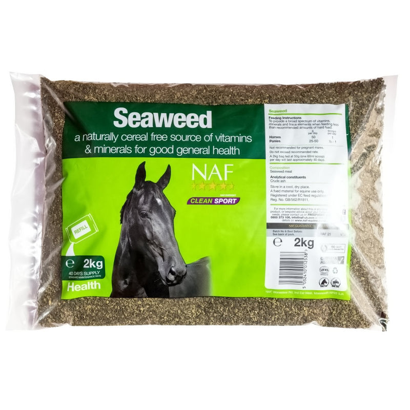 NAF Seaweed Refill 2kgPremium quality, pure dried Seaweed, a naturally cereal free broad-spectrum supplement for horses and ponies. To ensure you choose the right micronutrient supplementHorse Vitamins & SupplementsNAFMcCaskieNAF Seaweed Refill 2kg