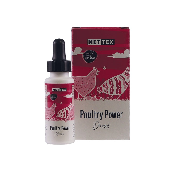 Nettex Poultry Power Drops 30mlNettex Poultry Power Drops (previously known as Nutri-Drops) are a fast acting pick-me-up supplement for chickens packed full of energy and immune supporting vitaminPoultry HealthNettexMcCaskieNettex Poultry Power Drops 30ml
