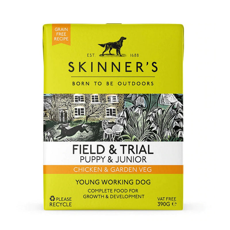 Skinner's Puppy Chicken & Garden Veg 18 x 390gThis wet puppy food recipe is ideal all-round nutrition for puppies and young dogs. To help pups with sensitivities, it's grain-free.Our eco-friendly, compact cartonDog FoodSkinnersMcCaskiePuppy Chicken & Garden Veg 18